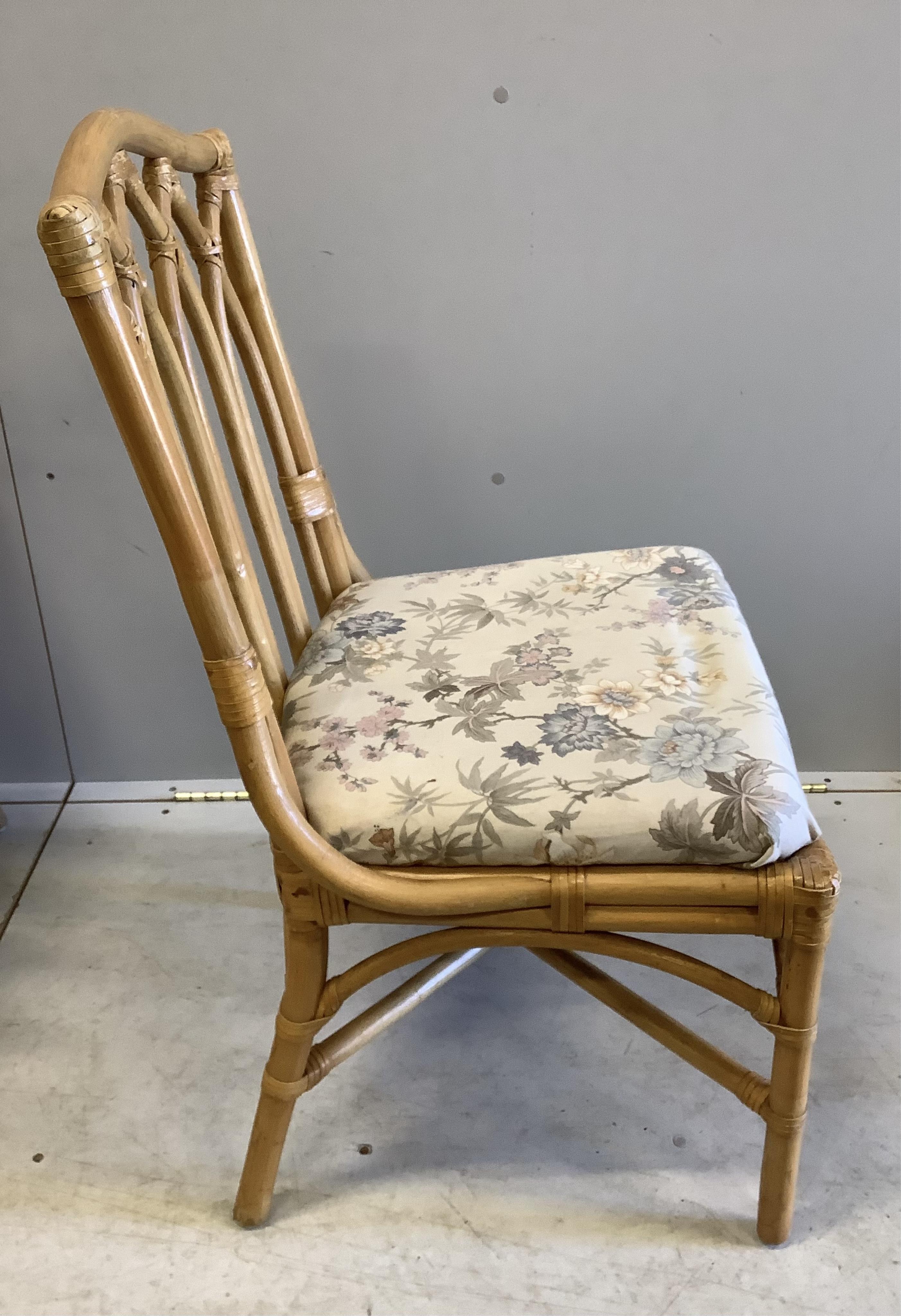 A set of four bamboo conservatory chairs, width 50cm, depth 46cm, height 92cm. Condition - good